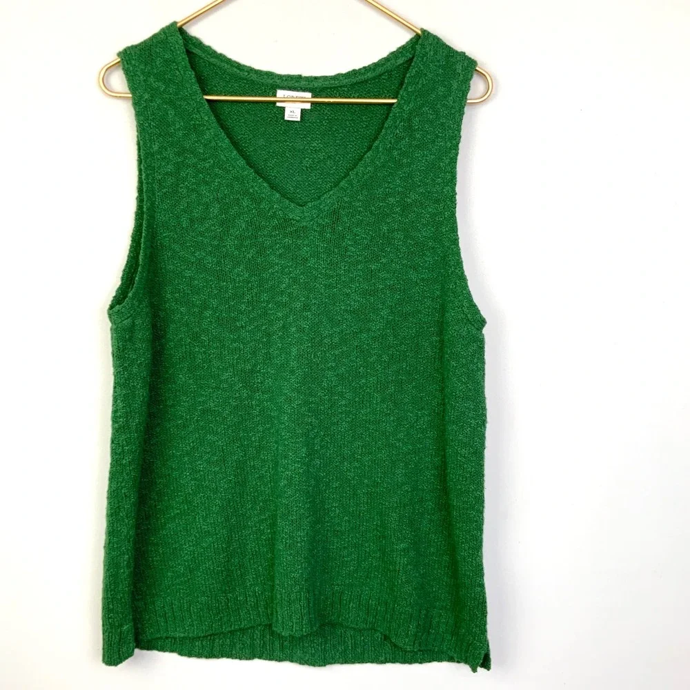 J. Crew Sz XL Green Beach Knit V Neck Lightweight Sweater Tank Boucle